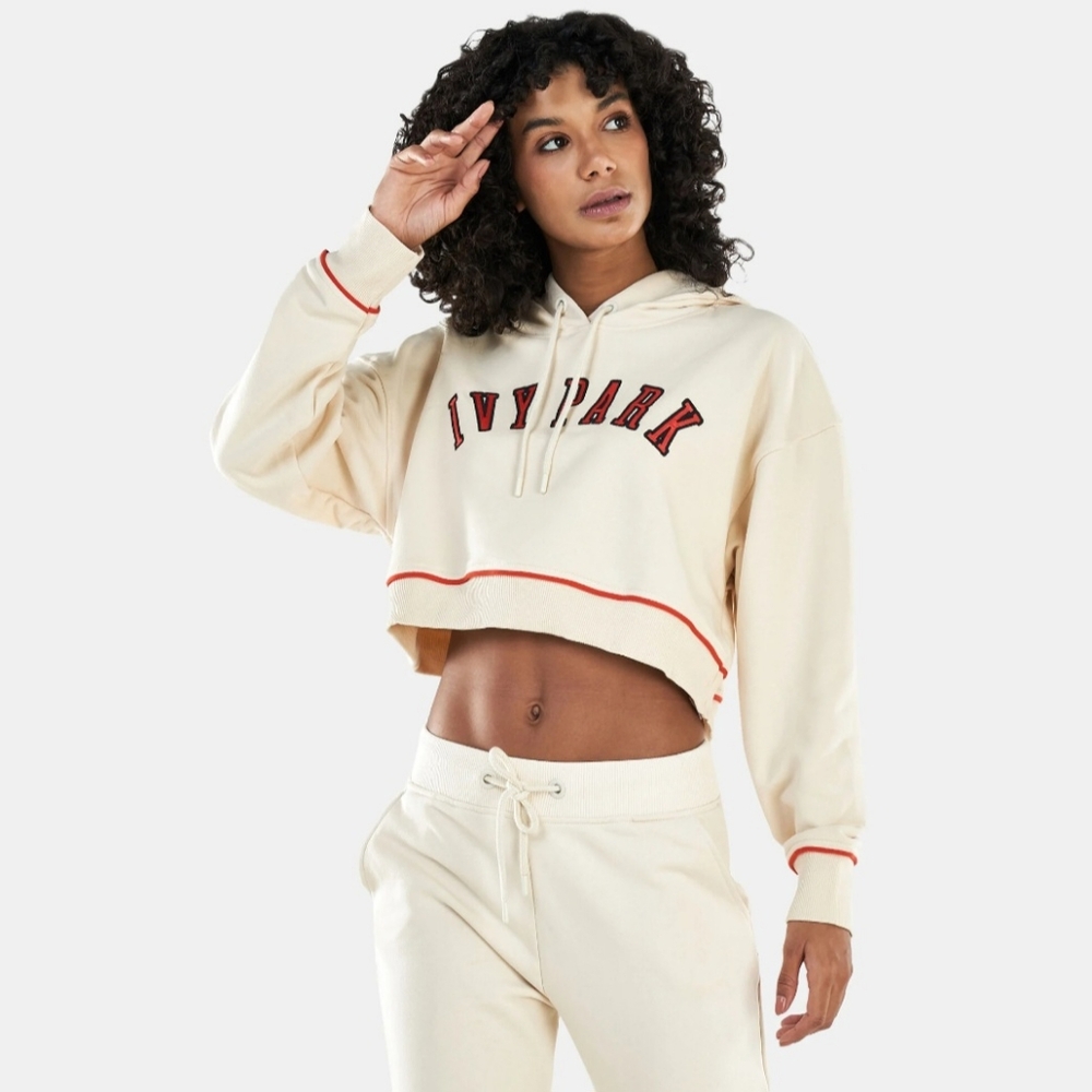 IVY PARK Ivory Baseball Popper Cropped Pull Over Hoodie